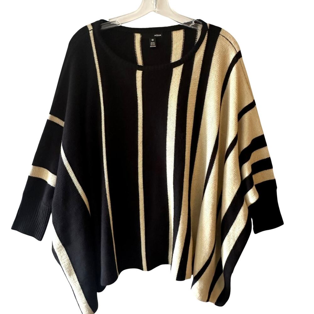 Aqua Oversized Sweater Womens Medium Black Cream Striped Dolman Wool Poncho